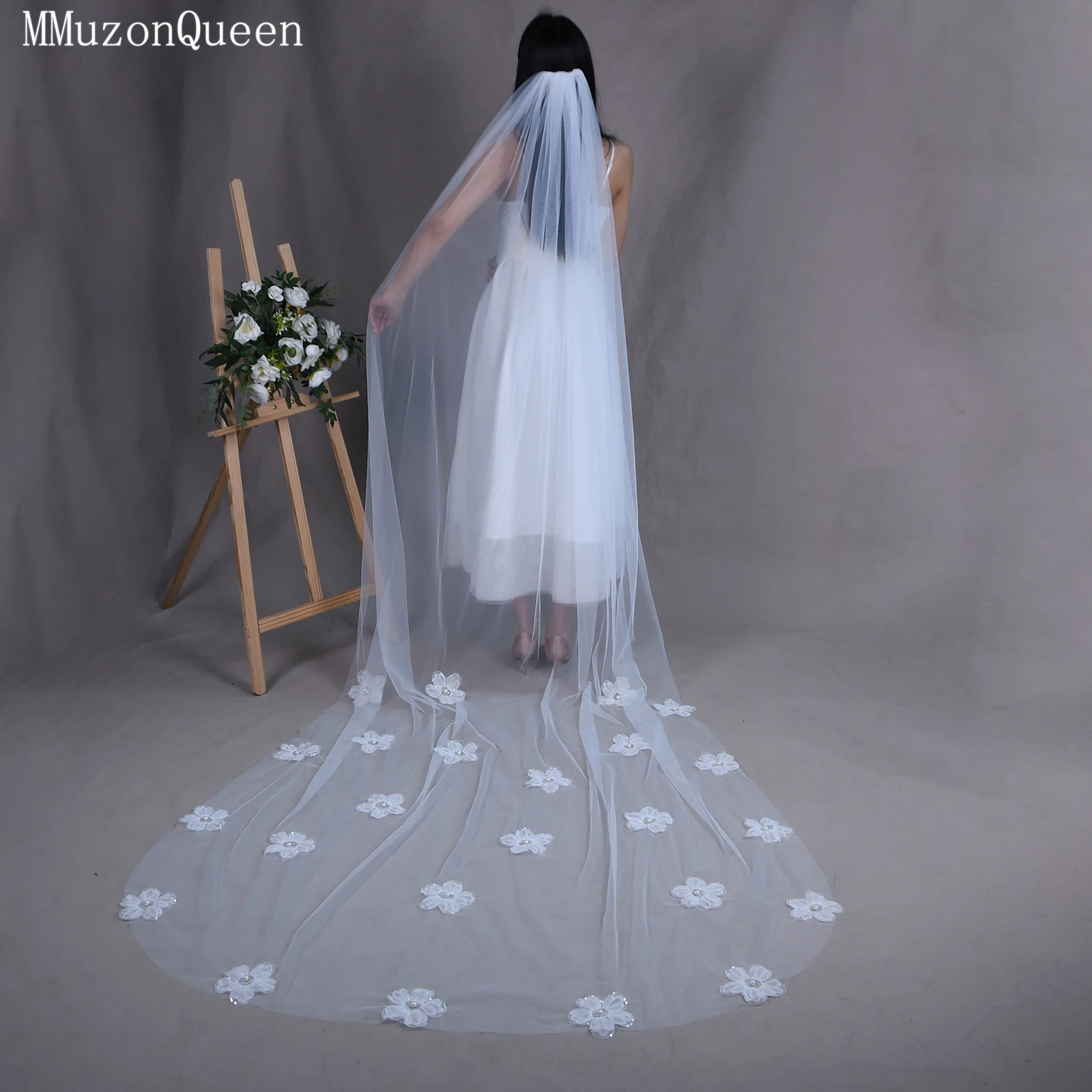 

Свадебная фата TOPQUEEN с 3D цветами, длинная, в стиле катедральной, каскадная, с 3D цветами из органзы, иллюзорный тюль V202