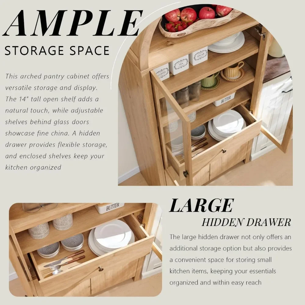 خزانة مطبخ مقوسة ، خزائن تخزين ، أرفف مفتوحة وقابلة للتعديل ، درج مخفي ، باب زجاجي ، 71 "طويل القامة