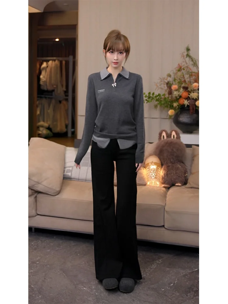 

Mimius Wool Blend College Sle Collar Color Blo Fake Two-Piece Top Women's Autumn Winter Versatile New Sle Long Sve