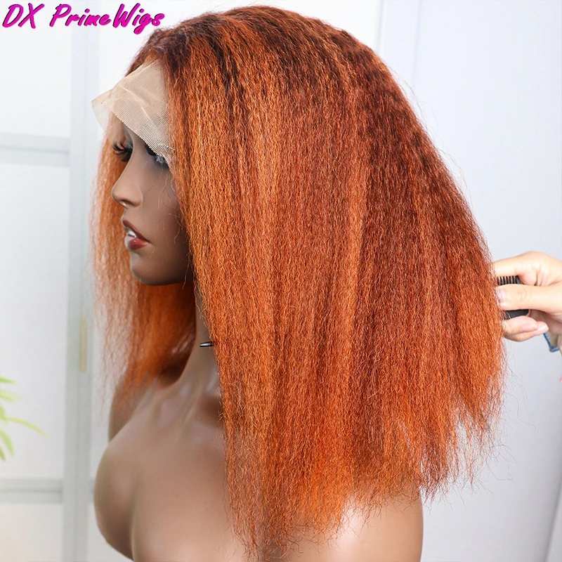 

200% Density 13x4 Kinky Straight Lace Frontal Short Bob Wig 4-350 Highlight Ginger Orange Color Transparent Lace Wigs Human Hair