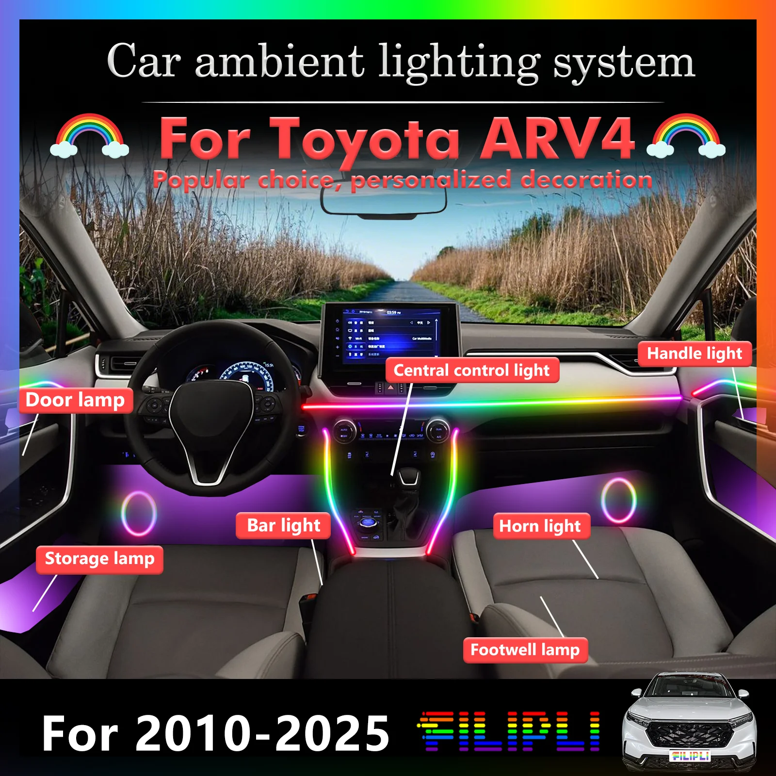 

6 In1 for For Toyota ARV4 XA30 XA40 XA50 XA60 Car LED Ambient Lamps Colorful Atmosphere Lights Auto Interior Neon Strip 64 RGB