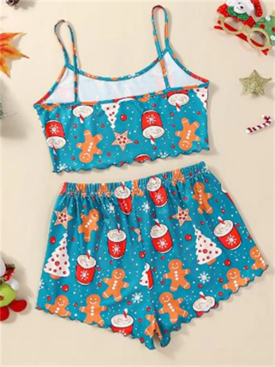 Women\'s 2 Piece Pajama Set Sleeveless Christmas Elements Print Cami Tops Casual Shorts Sleepwear Sets