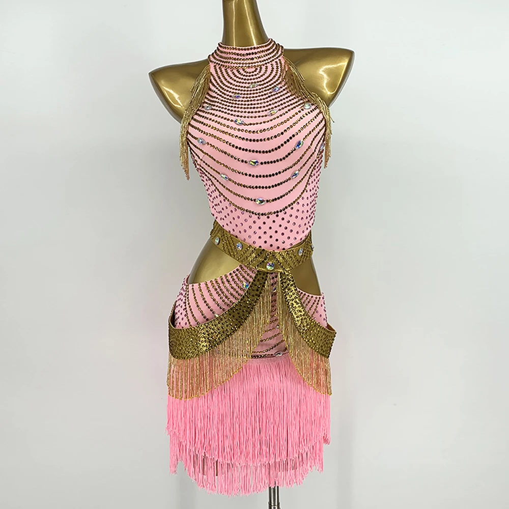 

Женское высококачественное платье для профессиональных соревнований по латинским танцам, жемчужно-розовое платье с кисточками, ча-ча-самба, платье со стразами