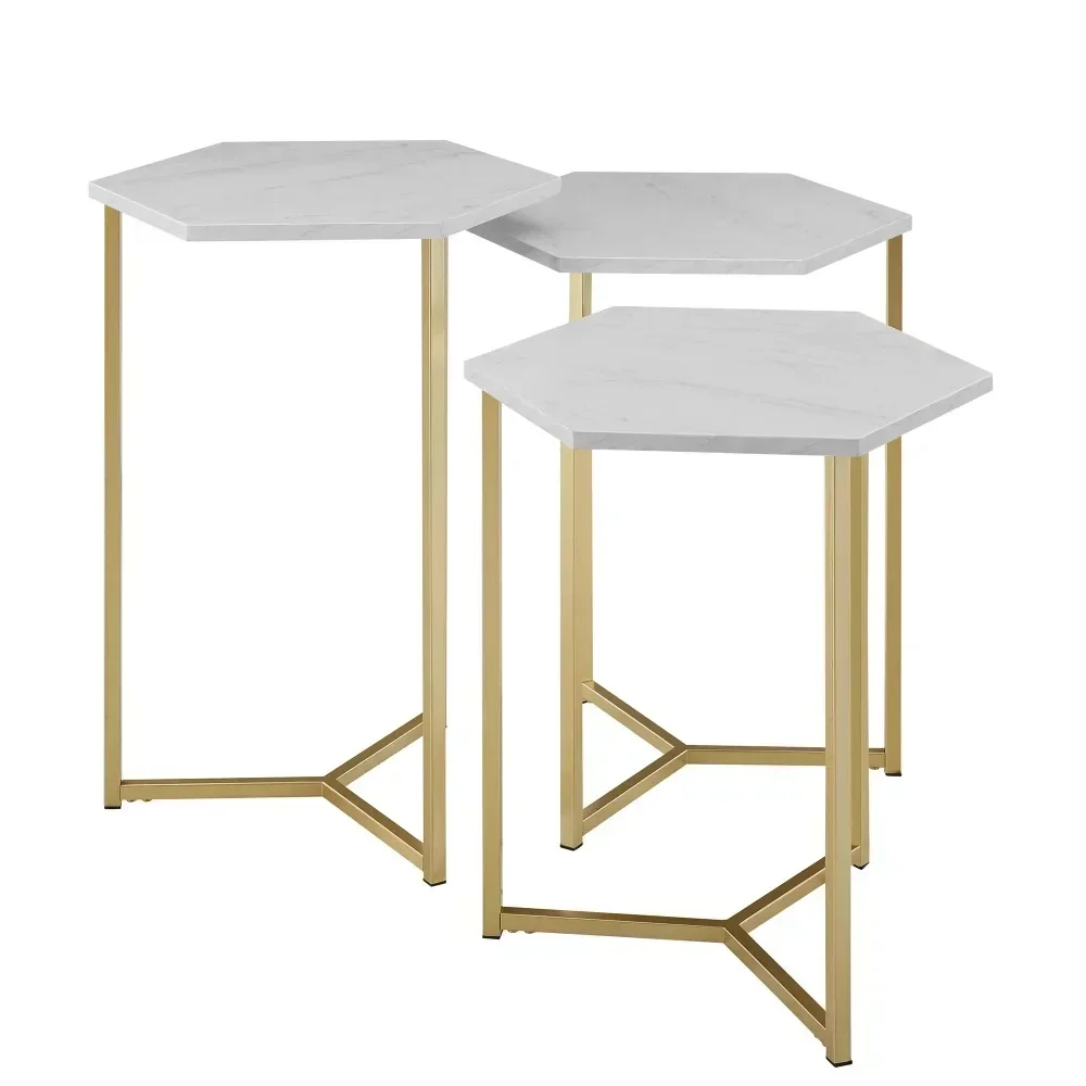 Modern Wood Nesting Tables, Faux White Marble/Gold, Set of 3