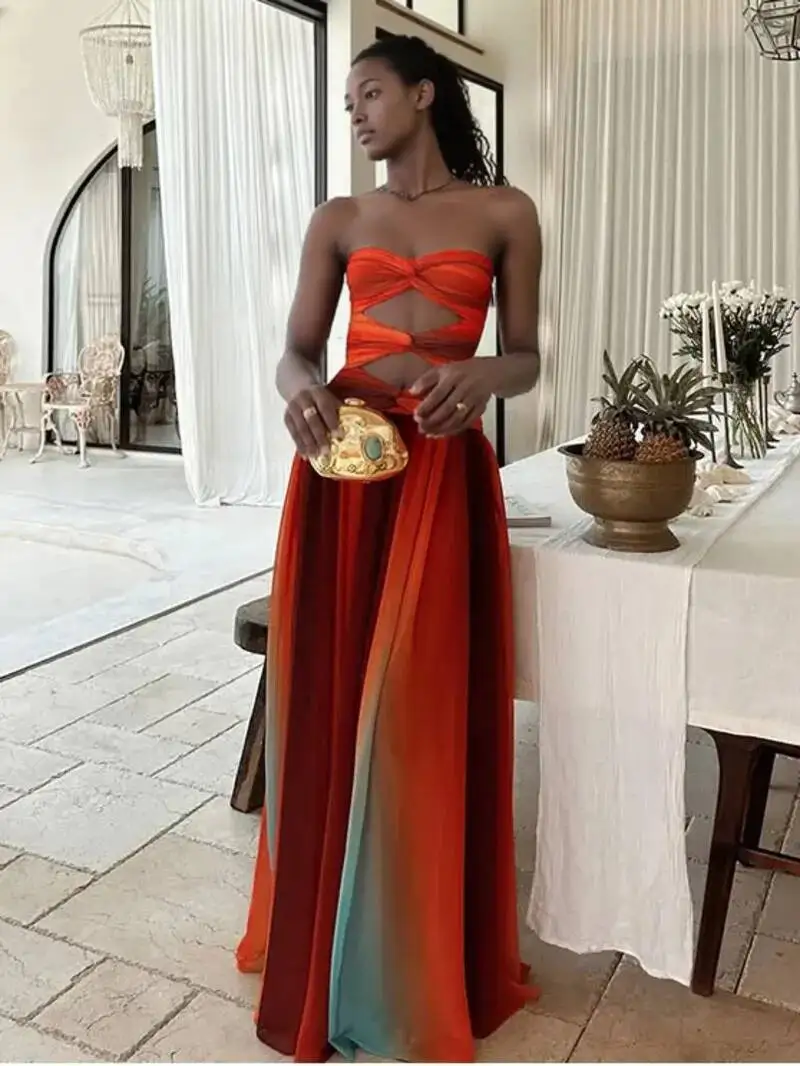 Summer New Colorful Print Beach Dress For Women Sexy Hollow Out High Waist Pleated Maxi Dresses Vocation Female Vestidos YX5E