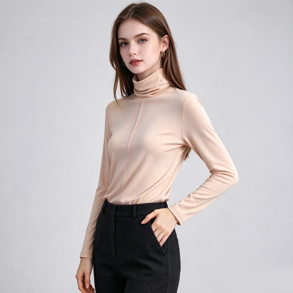 Women's Fashion Autumn/Winter New 100% Natural Mulberry Silk Half High Neck Long Sleeve Tucker Thread Design Bottoming Shirt