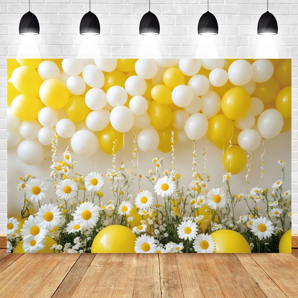 Spring Daisy Flowers Photography Backdrop Balloons Interior Wall Birthday Party Cake Smash Kids Portrait Photocall Background