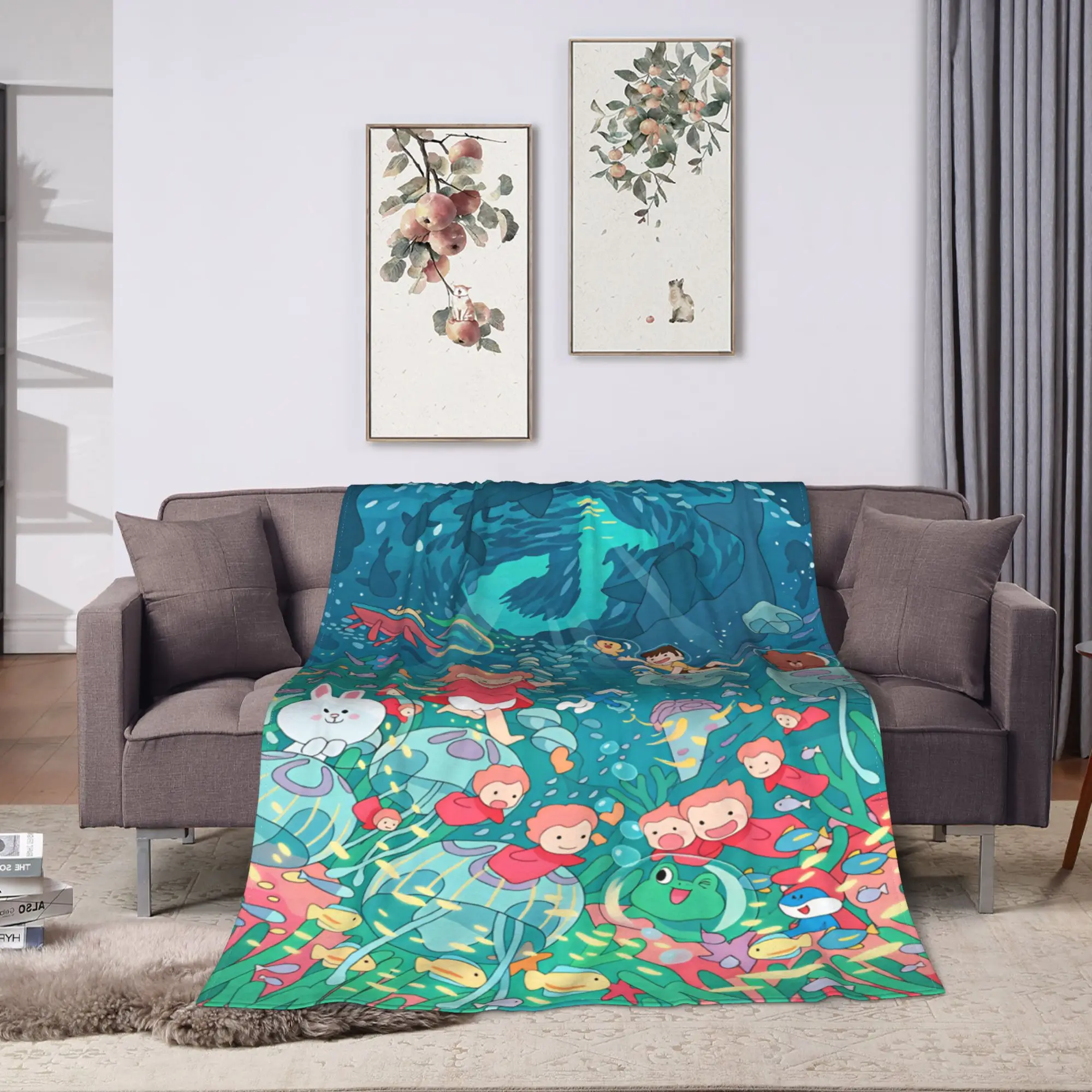 P-Ponyo-s Ocean Bubbles Blankets  Warm Soft Novelty Plush Throw Blanket For Couch Bed Travel Office Flannel Bedspread Bed Cover