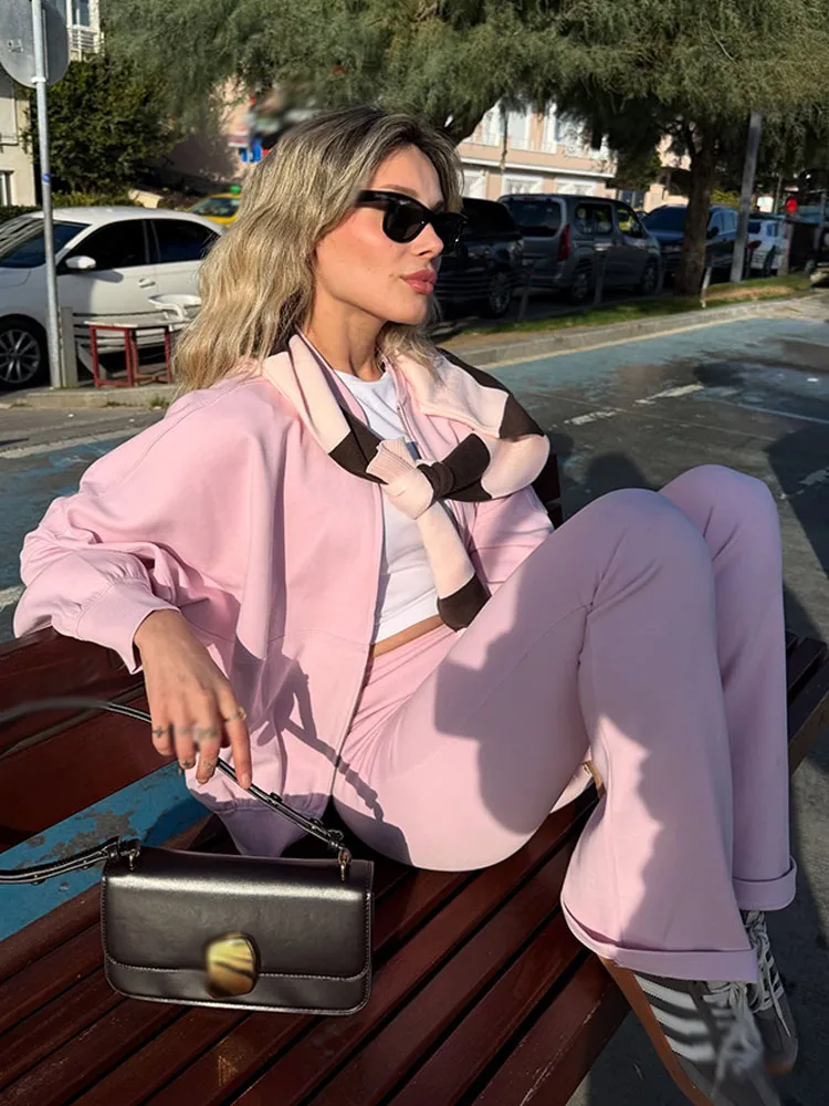 

HH Women's Autumn Set Solid Long Sleeves Zipper Coats+High Waist Lace-Up Decoration Long Pants Female Fashion Casual Suits