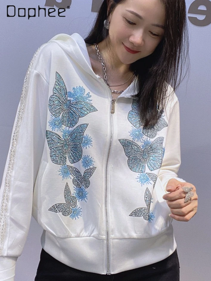 

Модные повседневные универсальные куртки с капюшоном для женщин, осенние новые свободные утягивающие короткие куртки с длинными рукавами и принтом из бисера