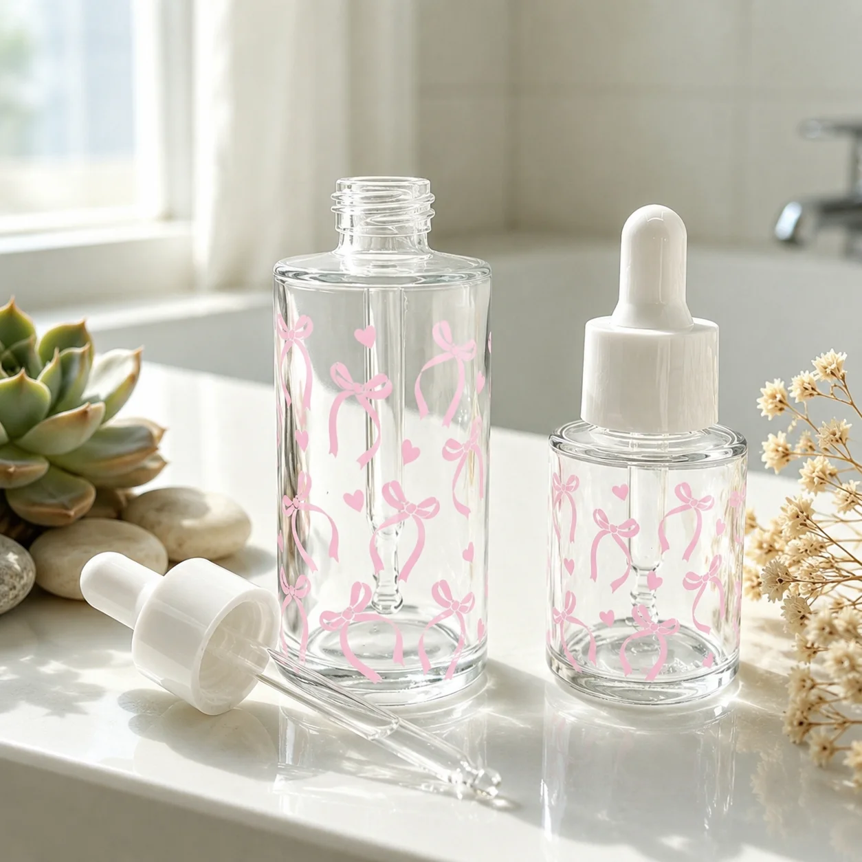 20ml/40ml Cute Pink Ribbon Glass Pipette Bottles, Reusable Cosmetic Serum Vials for Women Skincare Travel Beauty DIY