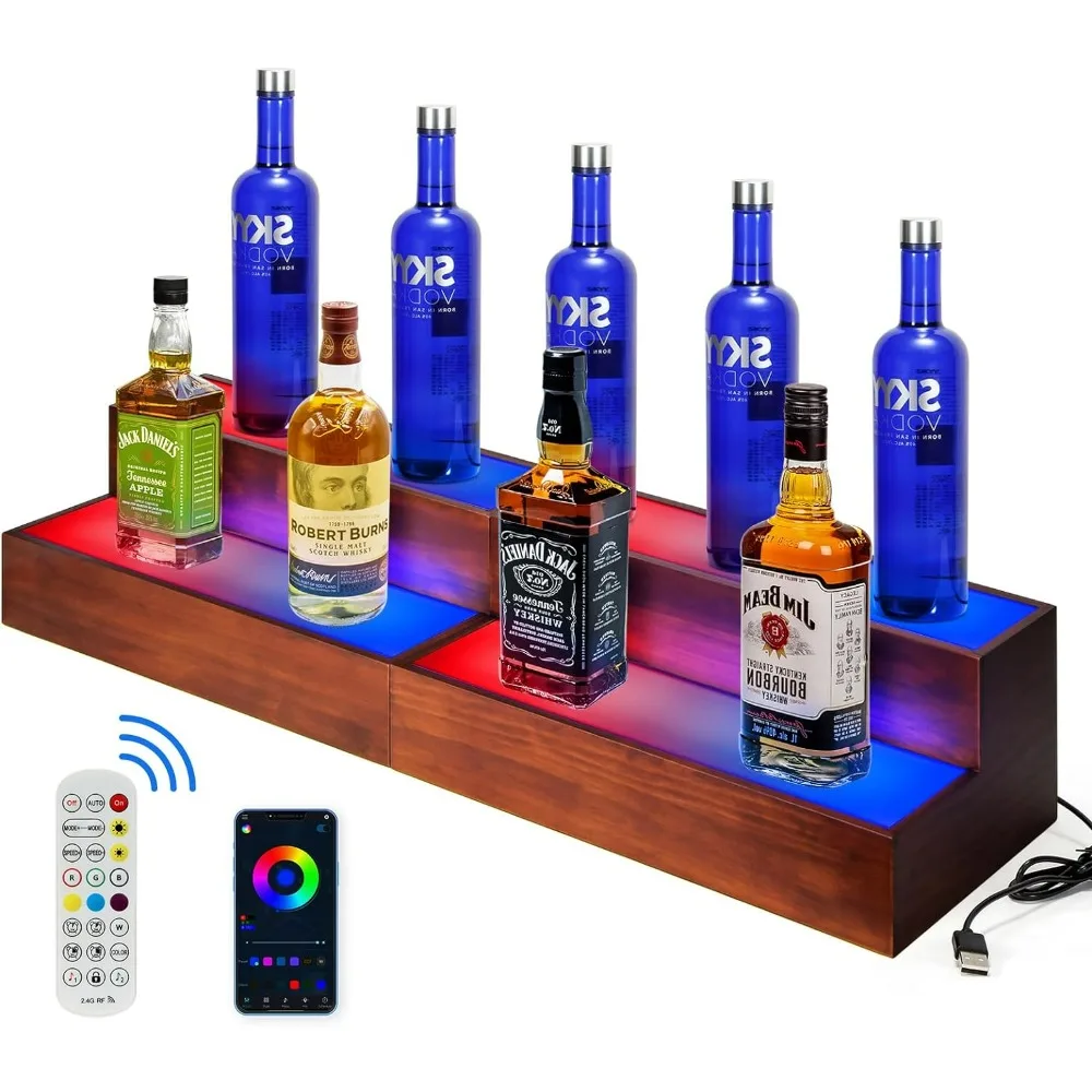 

2 Pack 16 Inch LED Lighted Liquor Bottle Display Shelf, 2 Tier LED Bar Shelves for Liquor Bottles, Bar Bottle Display Shelf