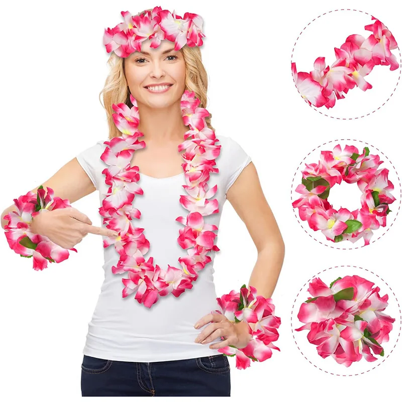 4Pcs Hawaiian Leis Garland with Bracelets For Luau Summer Tropical Birthday Party Decoration Artificial Flower Wreath Necklace - view 2