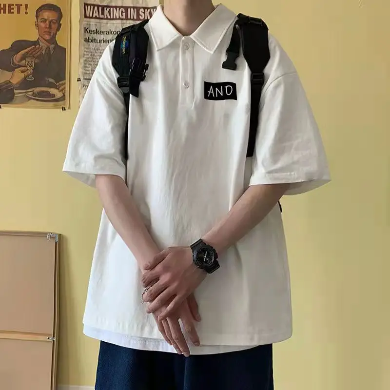 

Korean summer short-sleeved POLO shirt for men loose cotton retro top simple style lapel T-shirt Japanese trend casual T-shirt