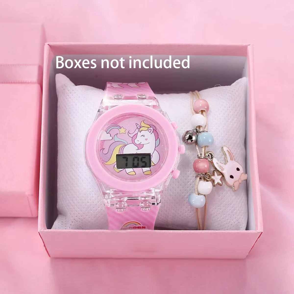 1 pièces gelée bonbons dessin animé licorne pointeur numérique Quartz lumière fille montre 1 pièces blanc lapin herbe ensemble de bijoux