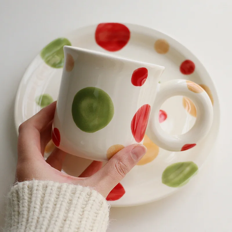 Small Fresh Cup Hand Painted Color Large Polka Dot Ceramic Mug Personality Big Ears Water Cup High Appearance Level Fruit Bowl