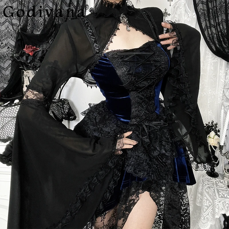 

Gothic Style Lace Dress Set Girls Subculture Cosplay Costume Dress Outfit Female Street Style French High Waist Dress Suit