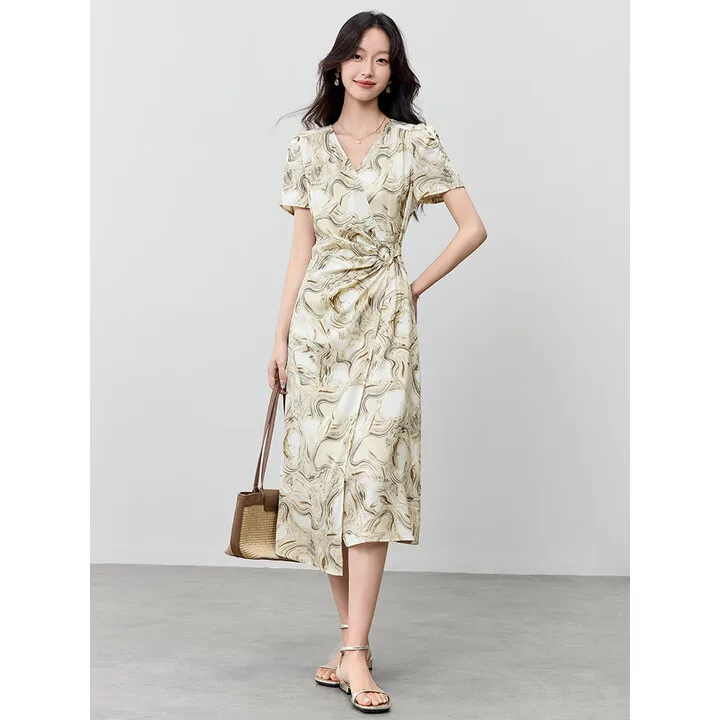 

SENTUBILA Women's Summer Vacation Pleated Dress 2025 Casual Elegant Diagonal V-neck Dress Puff Sleeves Printed Dress Q52LO3066