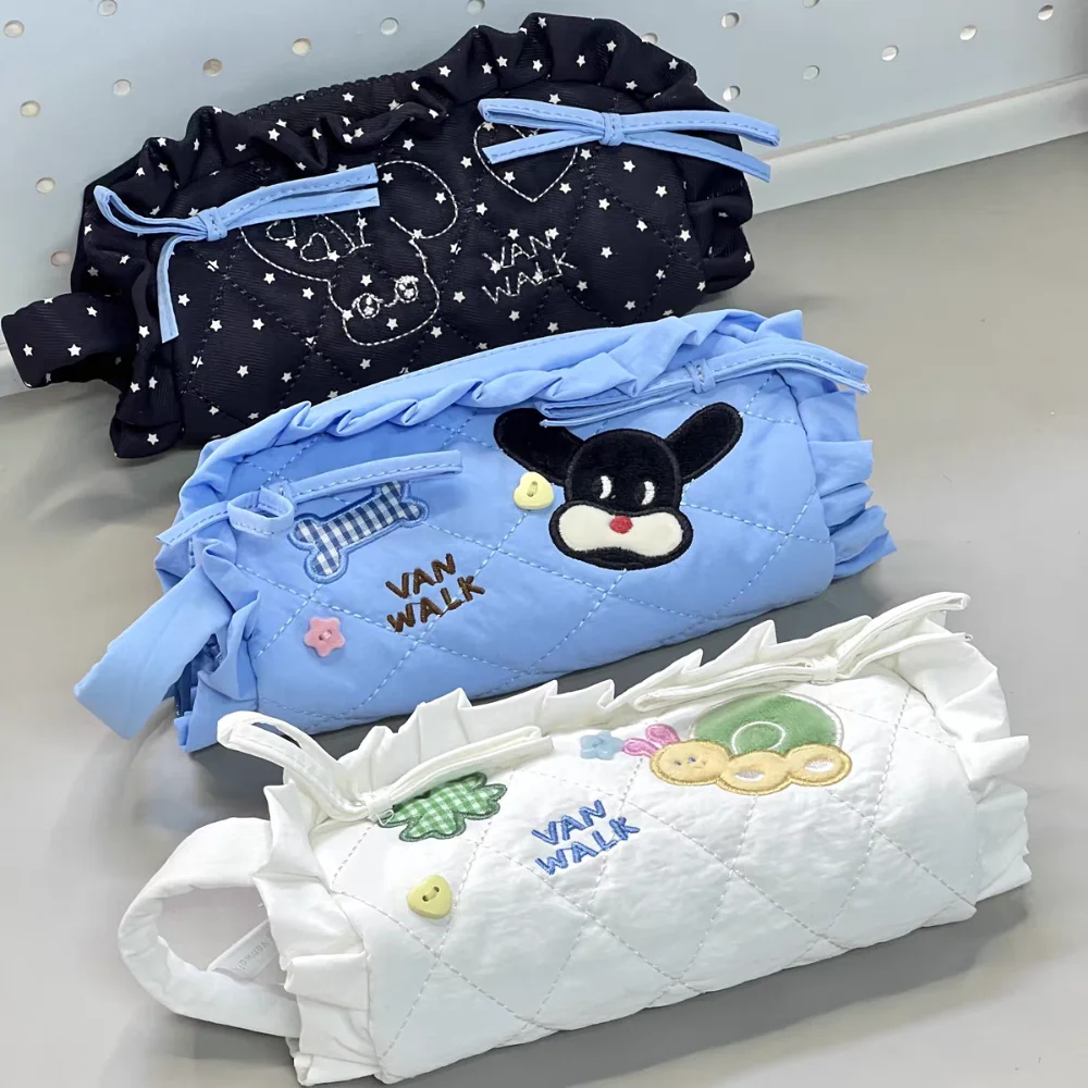 

Cartoon Sweet Bow Pen Bag Large Capacity Ruffle Makeup Storage Bag Organize Dog Rabbit Pencil Pouch Case School Supplies