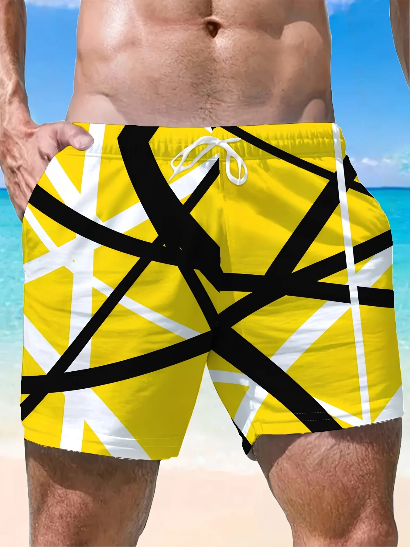 Schnelltrocknende Badeshorts für Herren, Rot-Schwarz-Weiß, abstrakter geometrischer Linien-Print, Strandshorts mit Kordelzug und Taschen – Detail 10