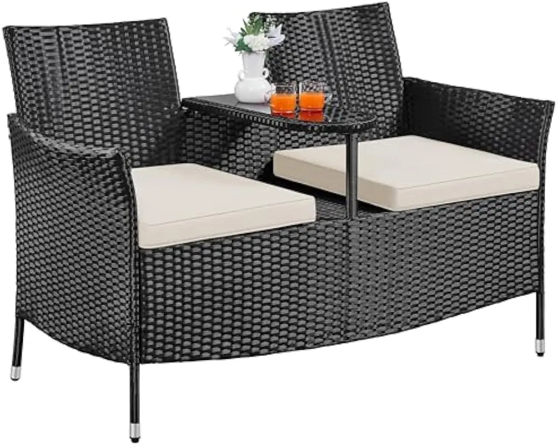 

Patio Loveseat, Outdoor Wicker Double Chair w/Side Table, PE Rattan Furniture Set for Two People, Love Seat w/2 Removable