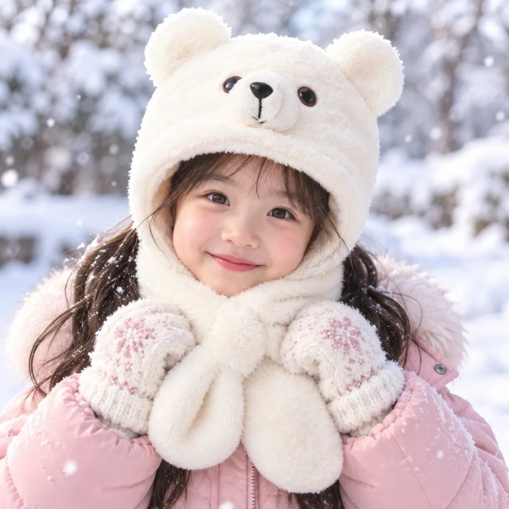 New Thickening Kids Integrated Scarf Hat Windproof Fluffy Soft Winter Beanie Hat Plush Warmth Cartoon Bear Earmuffs Hat School