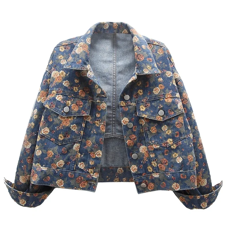 

Design Printed Flowers Denim Jackets Women's Fashion Denim Jacket 2025 New Spring Autumn Casual Coat Top Female Outerwear