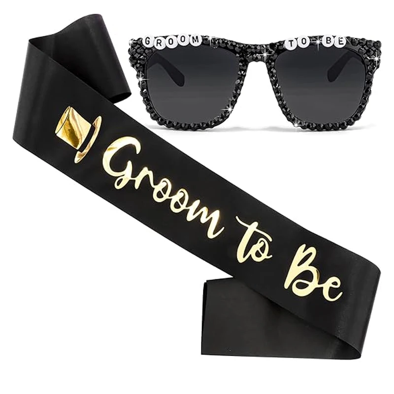 Écharpe en satin noir pour future mariée, décorée de strass, accessoire pour homme pour enterrement de vie de garçon, accessoire pour future mariée, fournitures pour célébration de mariage