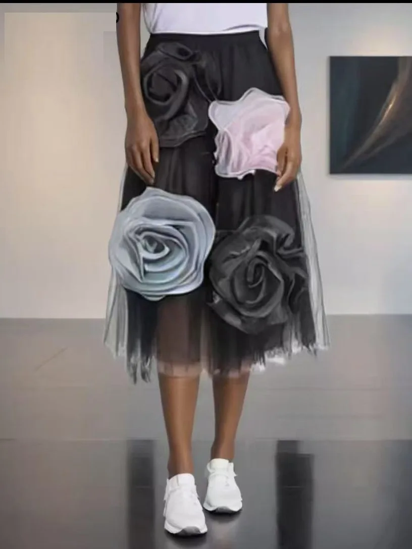 JHJN 3D Flower Half  Skirt Women High Waist Mid-length Big Swing Mesh Skirt Three Floors Pengpeng Fairy Skirt