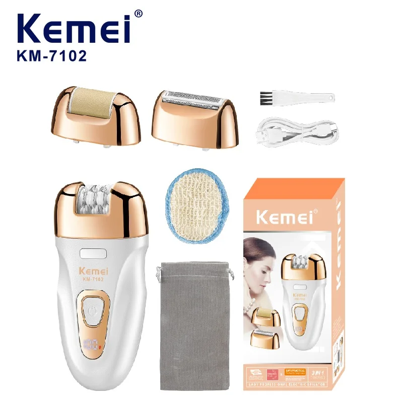KEMEI Km-7102 3 في 1 إزالة شعر الجسم للنساء ماكينة حلاقة كهربائية لاسلكية قابلة لإعادة الشحن عبر USB للنساء ماكينة إزالة الشعر