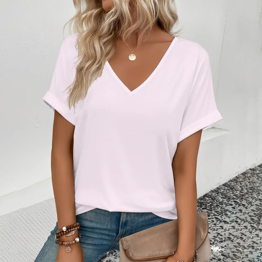 Fashionable And Minimalist Summer Oversized Solid Color T-shirt Energetic Street Casual Daily Women\'s V-neck Short Sleeved Top