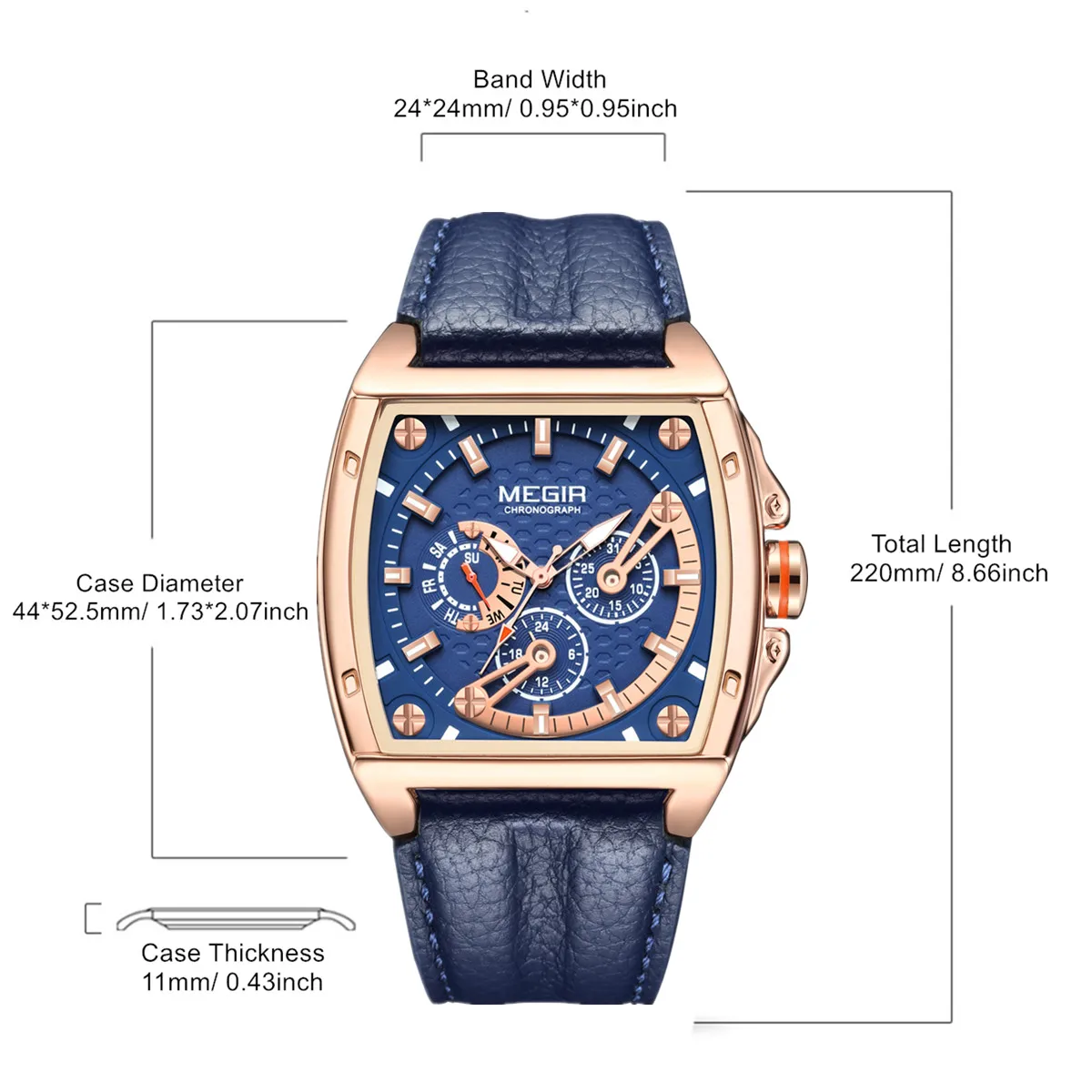 Reloj MEGIR para hombre, cronógrafo de cuarzo a la moda, reloj de pulsera deportivo resistente al agua con esfera grande, indicador de fecha y semana las 24 horas, reloj para hombre 2204