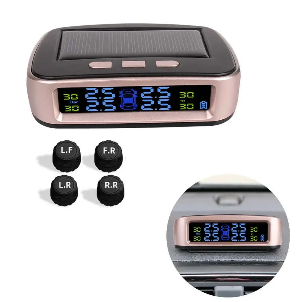 

Tire Pressure Monitoring System With 4X External Sensors Solar Wireless Car TPMS LCD Display Mode Clear Accurate