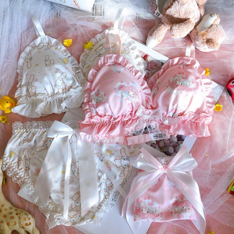 여성용 란제리 산리오 시나모롤 패턴 여성용 달콤하고 귀여운 통기성 레이스 리본 슬리밍 노 와이어 브라 커버 세트