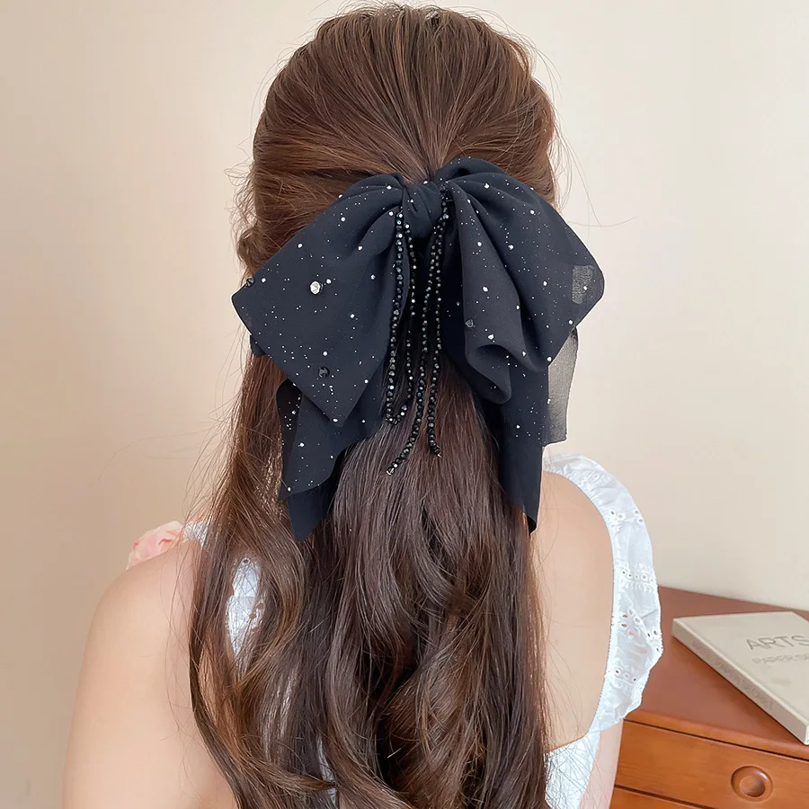 الاكريليك النسيج القوس شرابة مشبك شعر للنساء الساطع حجر الراين الأسود القرش كليب مزاجه موضة إكسسوارات الشعر مأدبة ث