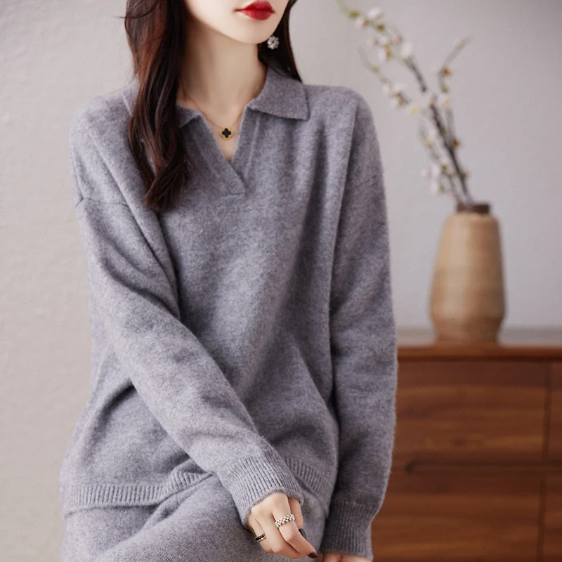 Fashion Loose Women\'s 100% Pure Wool Set New 2023 Long Sleeve Knitted Polo Pullover Sweater Long Wide Leg Pants Two Piece Wool