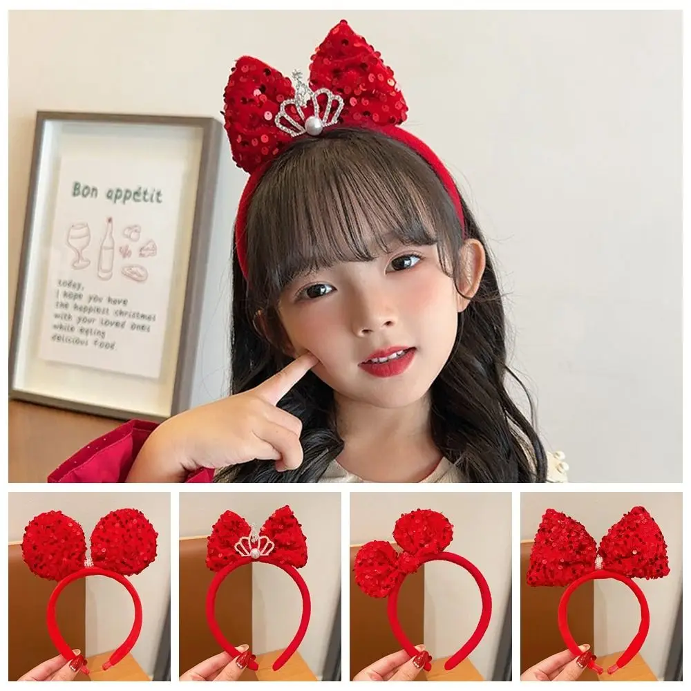 

All-match Bowknot Children Headband Crown Pearl New Year Headwear Hair Hoop Baby Headwear Red Bow Hairband Girls