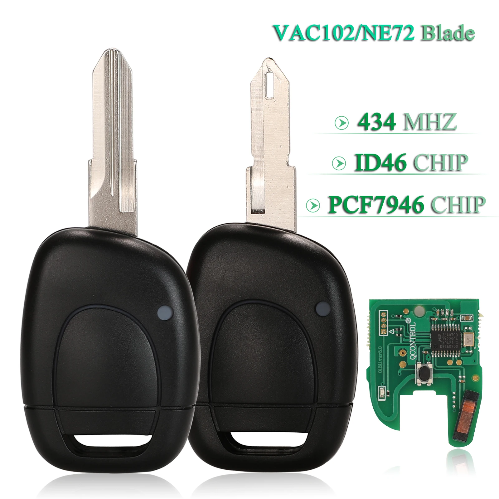 Jingyuqin 1-Tasten 434Mhz ID46 PCF7946 Chip Smart Fernbedienung Autoschlüssel für Renault Master Kangoo Clio Twingo NE72/VAC102 Klinge