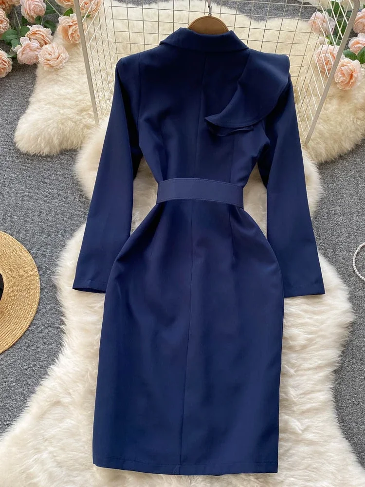 Kobiety elegancka sukienka biurowa wiosenne jesienne z długim rękawem rękaw moda Slim z paskiem sukienki Midi Vintage Ladies Blazer Dress Vestidos