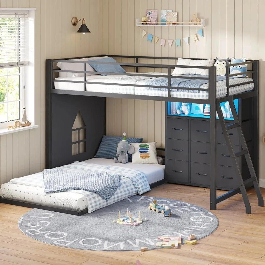 Bunk Bed Twin Over Twin for'Room, Solid Wood, White, 9 Storage Drawers + Open Shelf + LED Lights