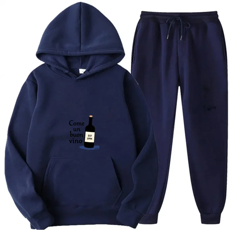 Серый комплект с капюшоном с принтом «Бутылка вина» Come Un Buon Vino, толстовка и брюки с текстовым дизайном, одинаковый наряд