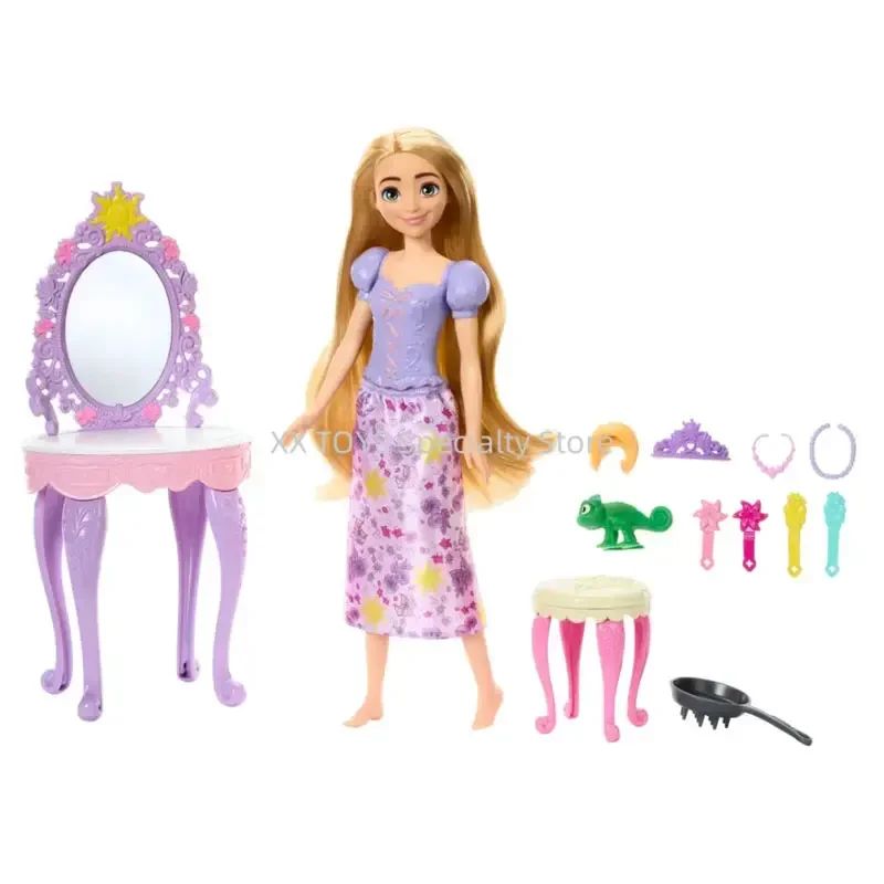 Disney Princess Rapunzel Puppen-Set, Schminktisch und 10, Zubehör für Mädchen, zum Anziehen, Pflege, Spiele, Spielhaus, Spielzeug, Geburtstagsgeschenke