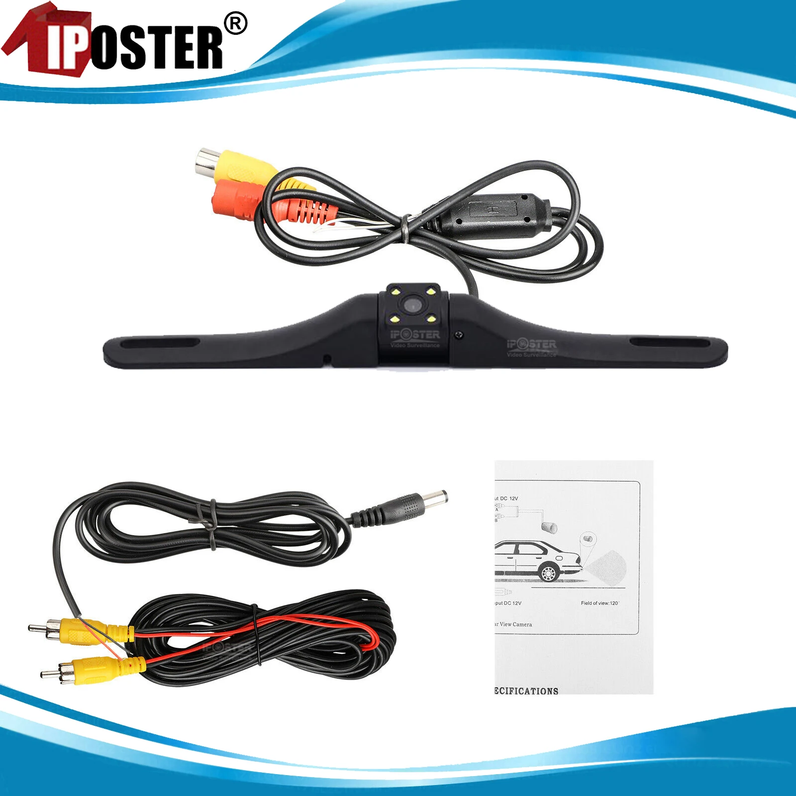 

iPoster Universal Car Rear View Backup Reversing Camera License Plate 4 LEDs Night Vision Waterproof 12v For Car SUV Rv