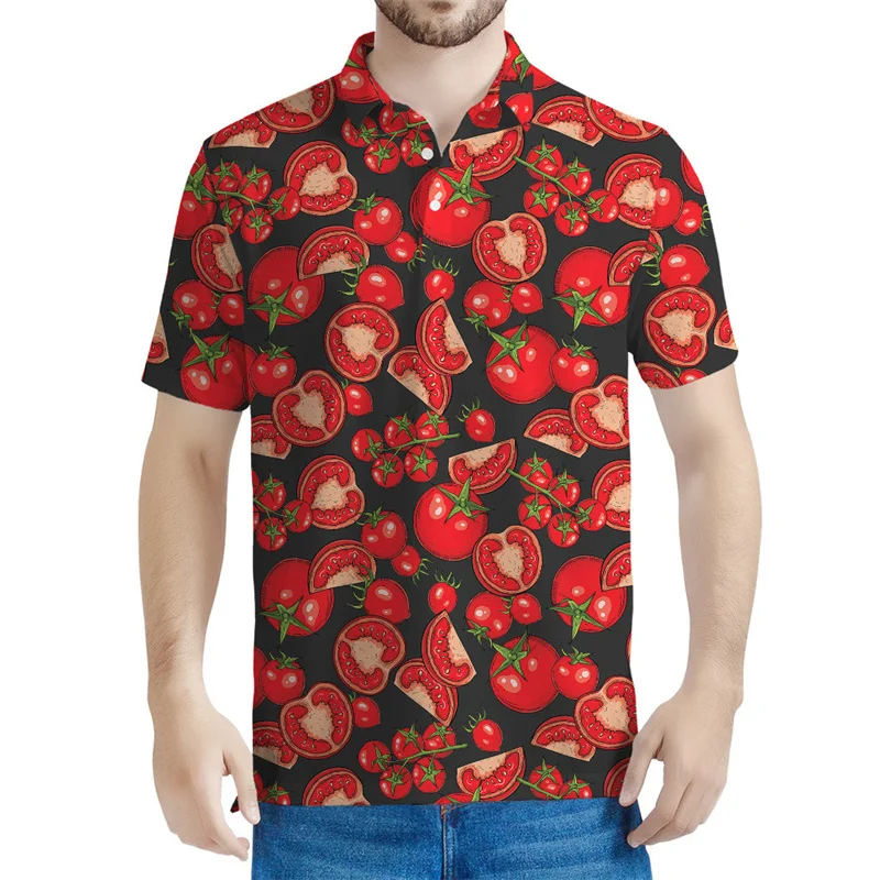 Polo gráfico de tomate rojo para hombre, Camiseta con estampado 3d de dibujos animados de verduras, camiseta informal con botones, solapa, manga corta de gran tamaño