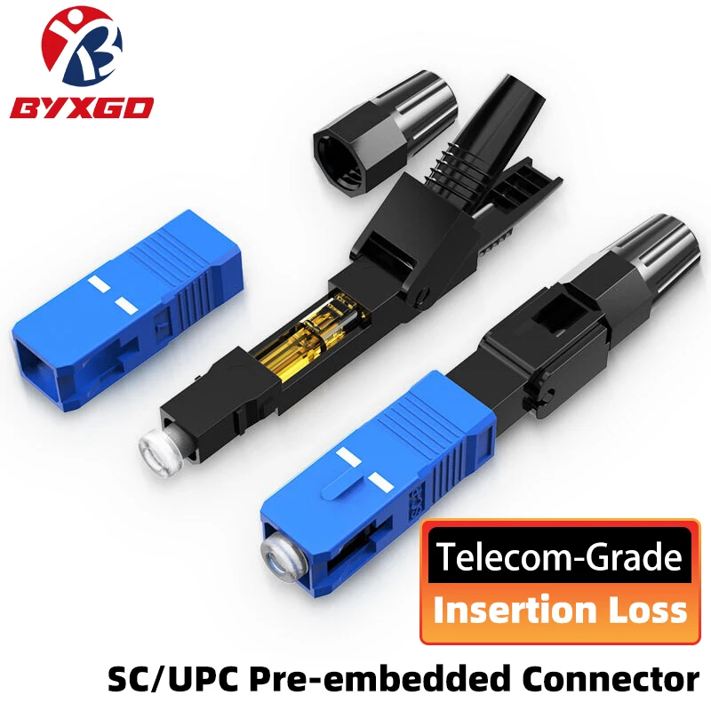 BYXGD SC UPC Pre-embedded Fiber Optic Fast Connector ≤0.3dB Low Loss Telecom Grade for FTTH Butterfly Cable
