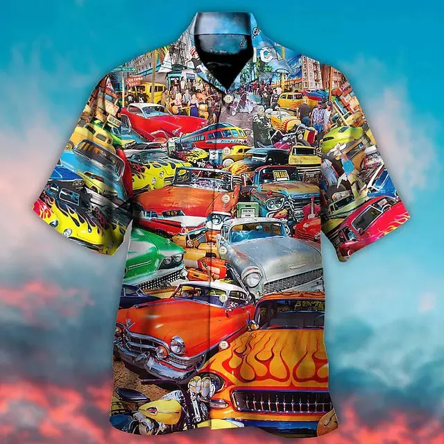 Camisas con estampado 3d de coche Vintage para hombres y mujeres, camisa hawaiana de moda unisex, blusa de gran tamaño de manga corta para playa,