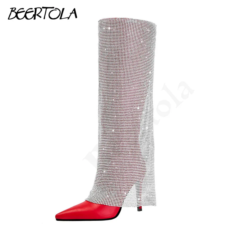 

Full Diamond Side Zipper Pointed Boots Stiletto Red Leather Fashion Boots Large Size Trendy Casual Trendy Trouser Boots