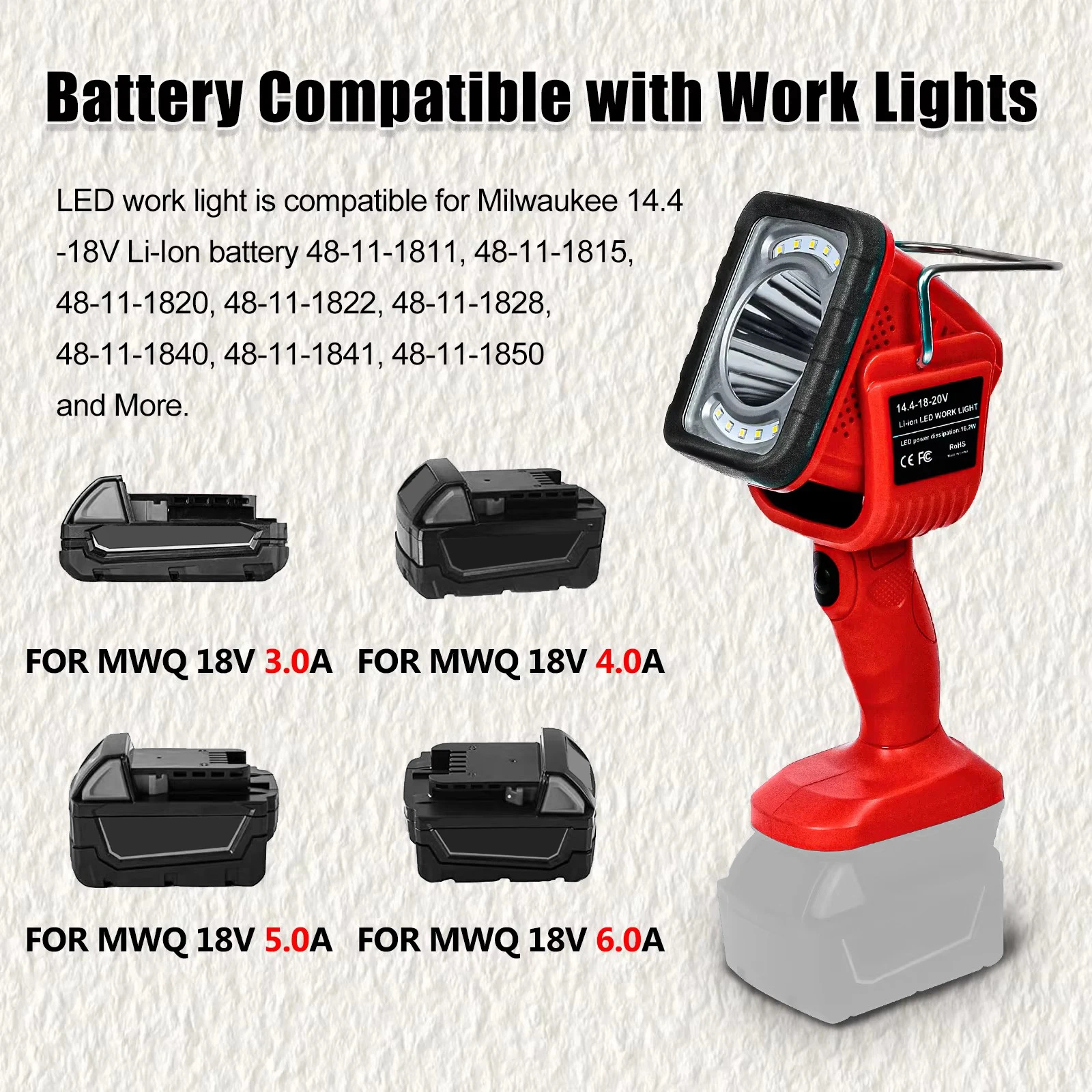16.2W 1250LM Cordless LED Work Light Portable Outdoor Flashlight 110° Pivoting Head for Milwaukee/Makita 14.4-18V Battery Pin