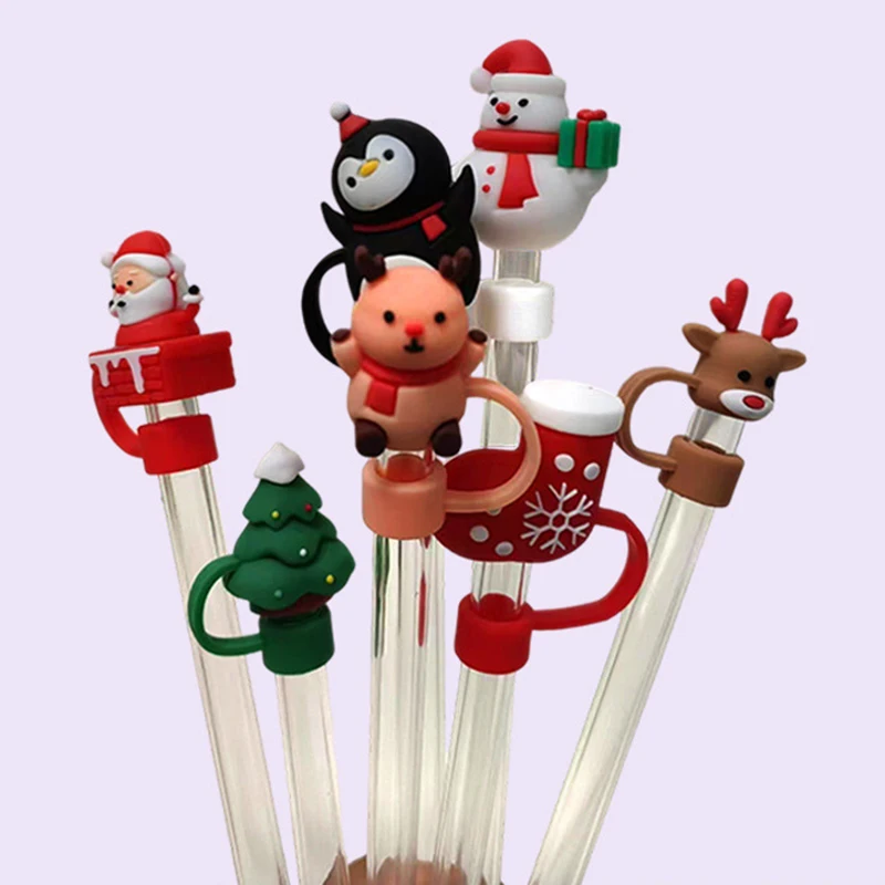 6Pcs Christmas Theme Cute Straw Dust Cap Dust Plug Detachable Doll Cute Straw Dust Cover Glass Stainless Steel Straw Cover Decor