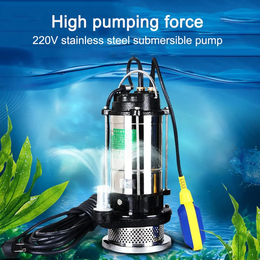 220V Stainless Steel Submersible Pump Underwater Water Sewage Self-Suction Pump Drainage Irrigation Water-pump with EU Adapter